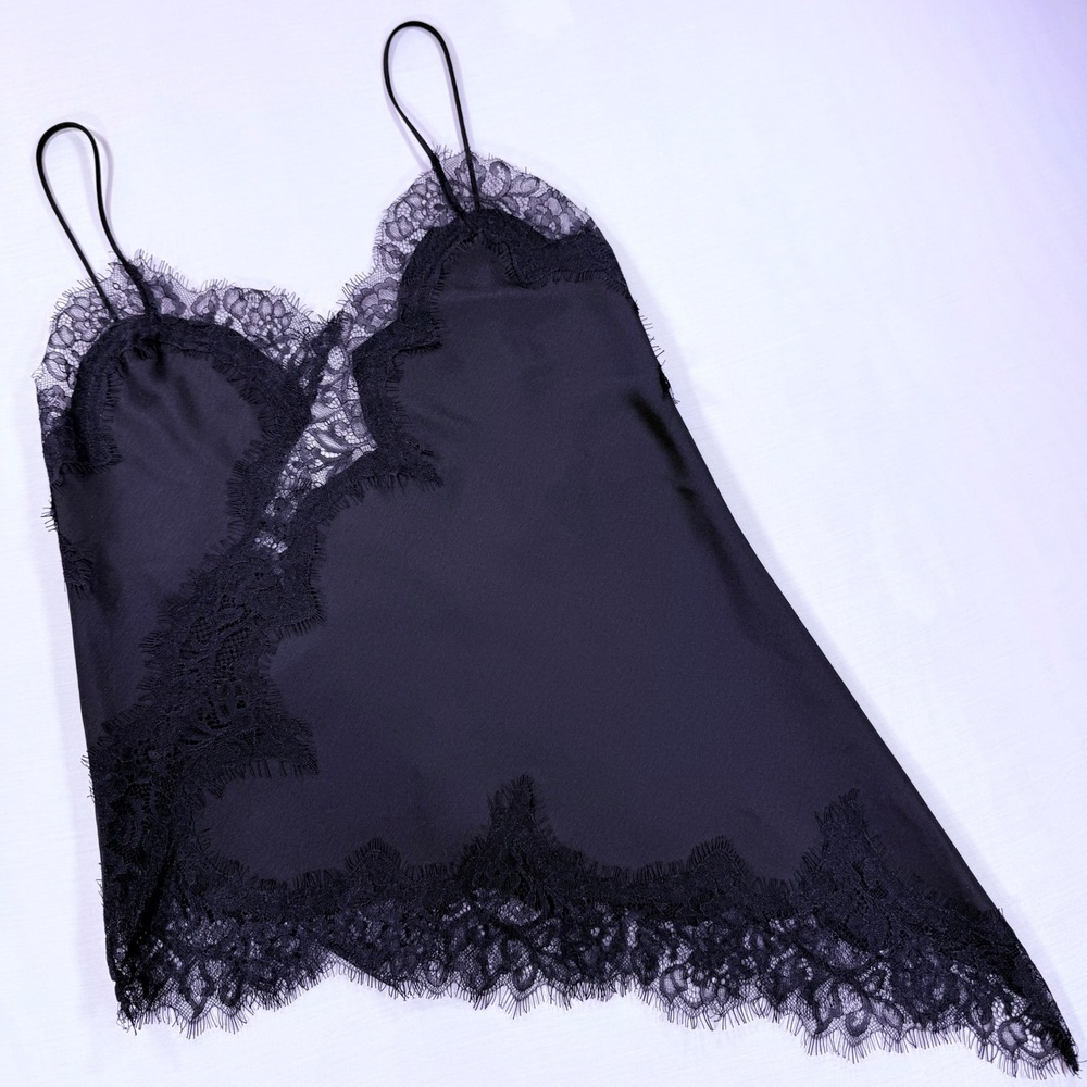 Zara Black Satin Lace Cami Top Asymmetric Lace Trim Slip Tank Goth Coquette XS